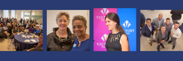 Chicago Brunch graphic with four pictures: a crowd, Chicago Mayor Lori Lightfoot and former Houston Mayor Annise Parker, VA Del. Danica Roem, and a crowd of four male supporters in circle smiling, shot from above