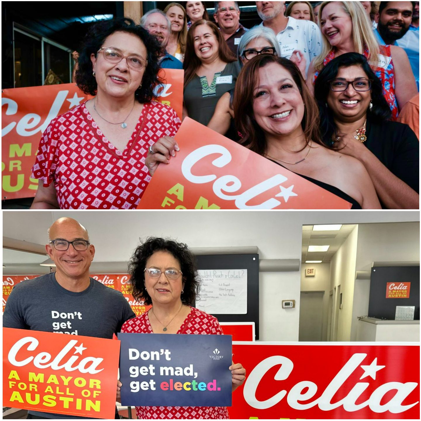 Top: Celia (far left) and team hit the campaign trail. Bottom: Marty and Celia hard at work. 